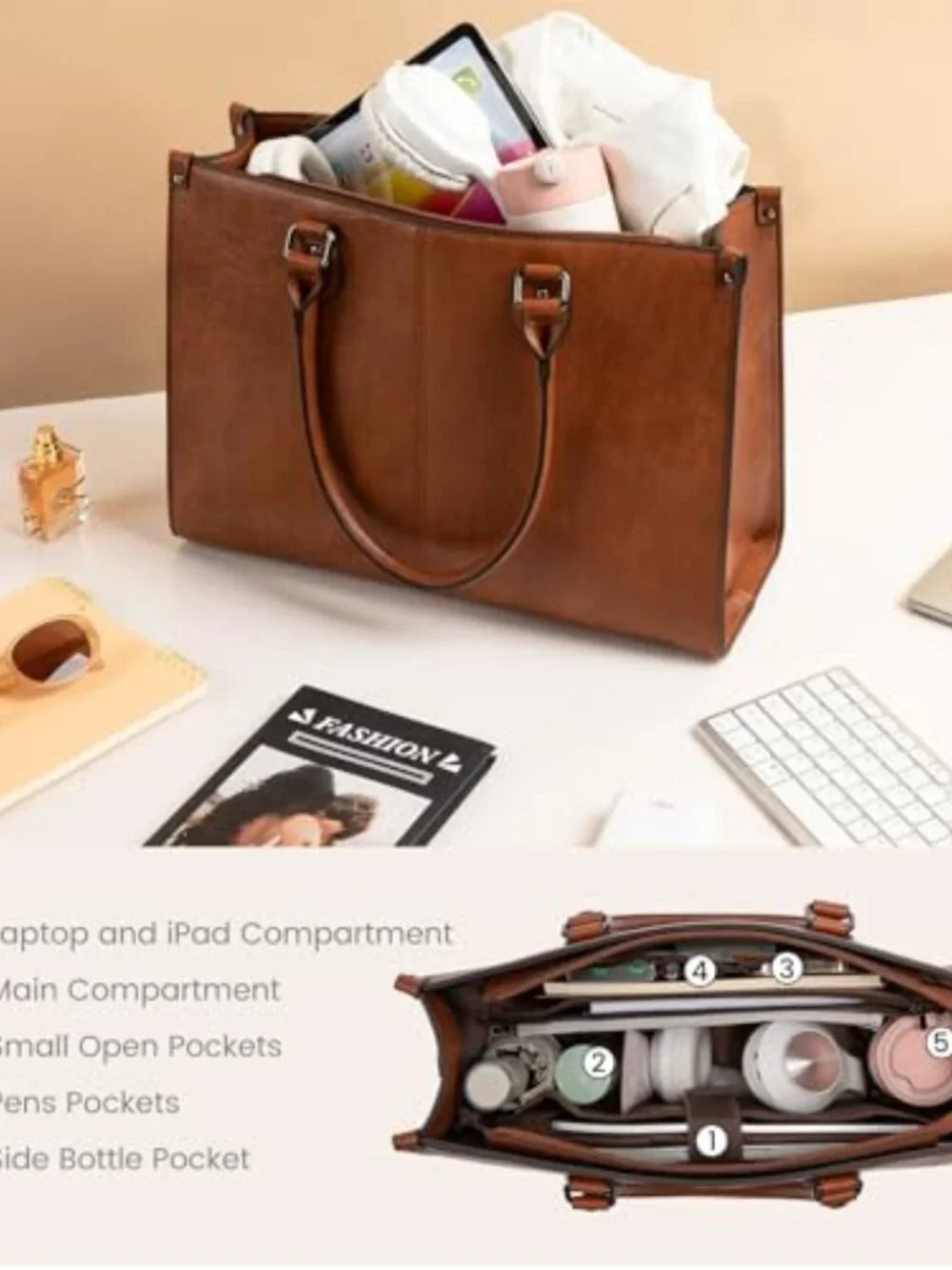 Vintage PU Leather Laptop Tote Set with Clutch, 15.6